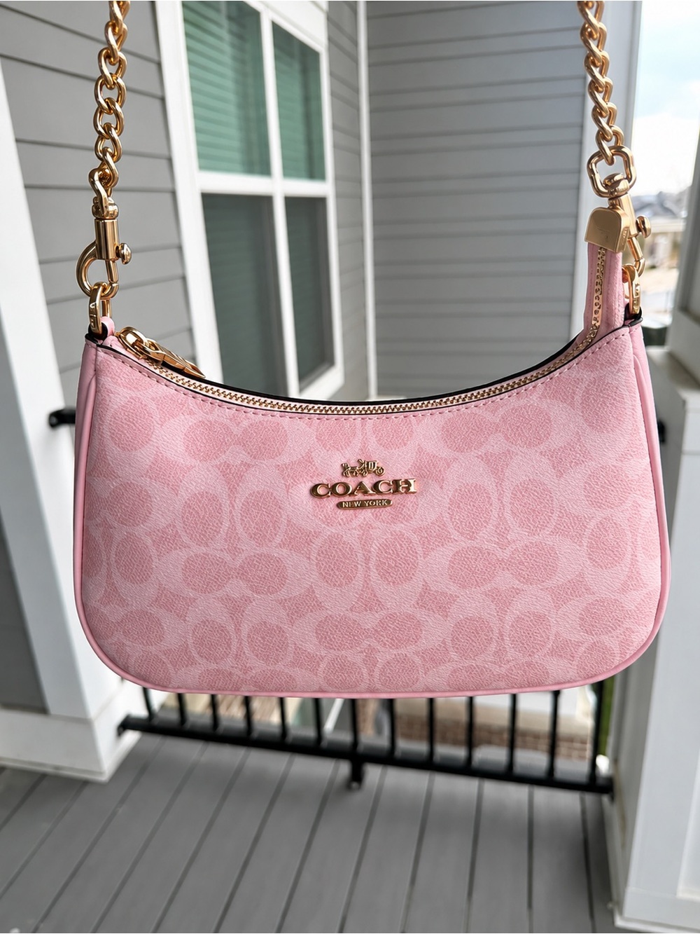 Coach AUTHENTIC Pink Signature Canvas Shoulder Bag with Gold Hardware